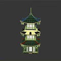Traditional Pagoda Architecture With Green Roof Layered Eaves And Decorative Lanterns