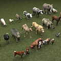 Various Animal Stuffed Dolls Arranged On Green Grass Field 3d model