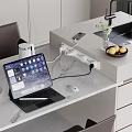 Dining Table Set With Laptop Mouse Mobile Phone Flower Vase Fruit Plate On Marble Countertop