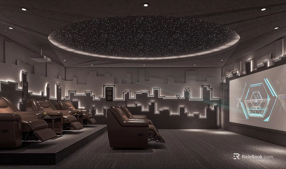 Home Theater Room With Starry Sky Ceiling Comfortable Reclining Seats And Illuminated Wall Panels 3d model 