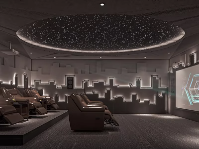 Home Theater Room With Starry Sky Ceiling Comfortable Reclining Seats And Illuminated Wall Panels 3d model