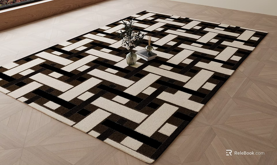 Black And White Geometric Pattern Square Carpet On Wooden Floor With Vase And Books 3d model 