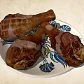 Roasted Chicken Legs On Floral Pattern Plate With Juicy Golden Brown Texture