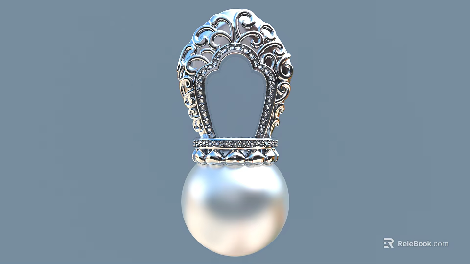 Exquisite Silver Filigree Jewelry Pendant Featuring Large Round Pearl and Intricate Decorative Design 3d model 