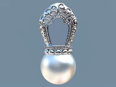 Exquisite Silver Filigree Jewelry Pendant Featuring Large Round Pearl and Intricate Decorative Design 3d model
