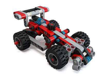 Red Gray And Blue Building Block Mechanical Off Road Vehicle With Large Wheels 3d model