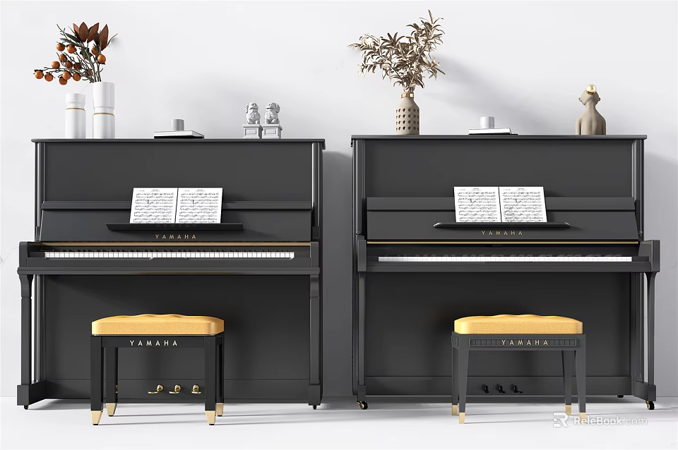 Elegant Musical Instruments And Art Supplies With Black Pianos Sheet Music Vases And Stools 3d model 