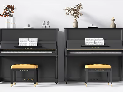 Elegant Musical Instruments And Art Supplies With Black Pianos Sheet Music Vases And Stools 3d model