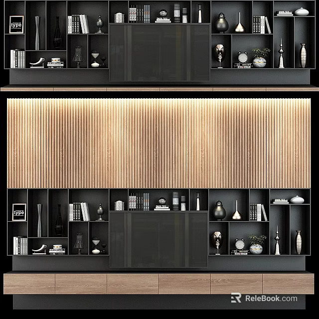 Modern TV Background Wall With Wooden Slats Storage Shelves And Decorative Items 3d model 