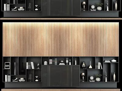 Modern TV Background Wall With Wooden Slats Storage Shelves And Decorative Items 3d model