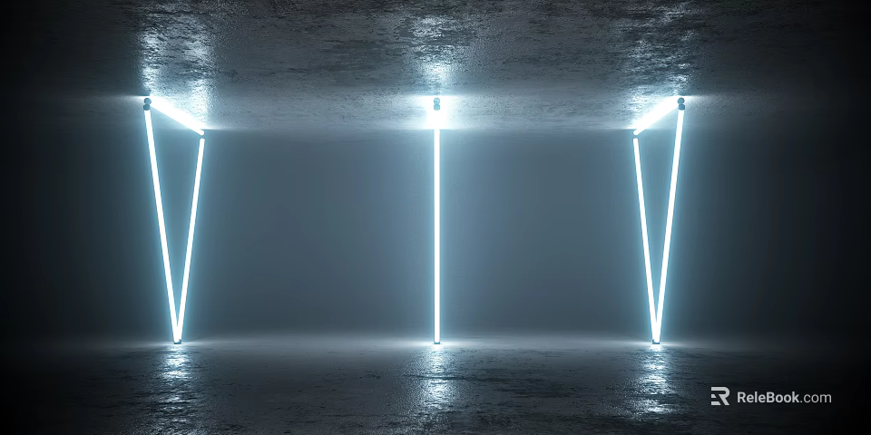 Cartoon Scene Featuring Vertical White Neon V Lights On Dark Reflective Floor 3d model