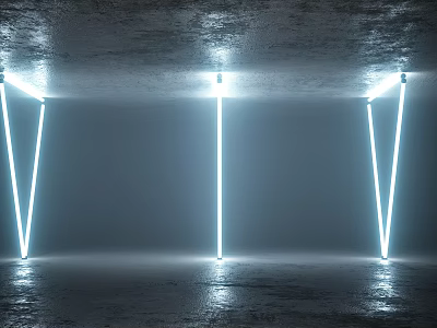 Cartoon Scene Featuring Vertical White Neon V Lights On Dark Reflective Floor 3d model