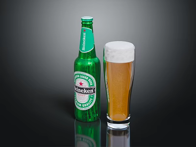 Heineken Green Beer Bottle With Glass Of Golden Foamy Beer On Black Surface 3d model