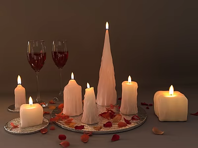 Candle Lamp With Multiple Lit Candles Wine Glasses And Rose Petals On Tray 3d model
