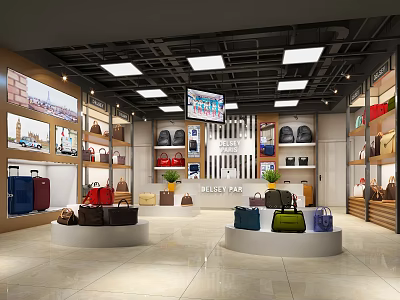 Modern Boutique With Various Bags And Luggage On Round Display Platforms And Wooden Shelves 3d model