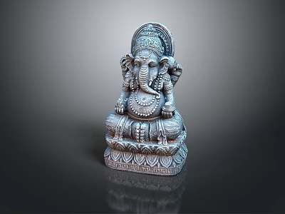 Exquisite Seated Stone Ganesh Statue With Ornate Headdress Intricate Carving And Lotus Base 3d model