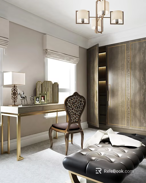 Stylish Desk With White Top Gold Legs Carved Chair Table Lamp Mirror And Cabinet 3d model 