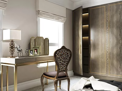 Stylish Desk With White Top Gold Legs Carved Chair Table Lamp Mirror And Cabinet 3d model