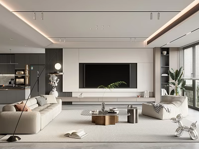 Modern Living Dining Room Interior Design With Sofa TV Wall Plants And Coffee Table 3d model