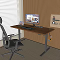 Wooden Desk Workstation With Monitor Tablet Mesh Office Chair Pegboard Wooden Striped Wall And Blinds