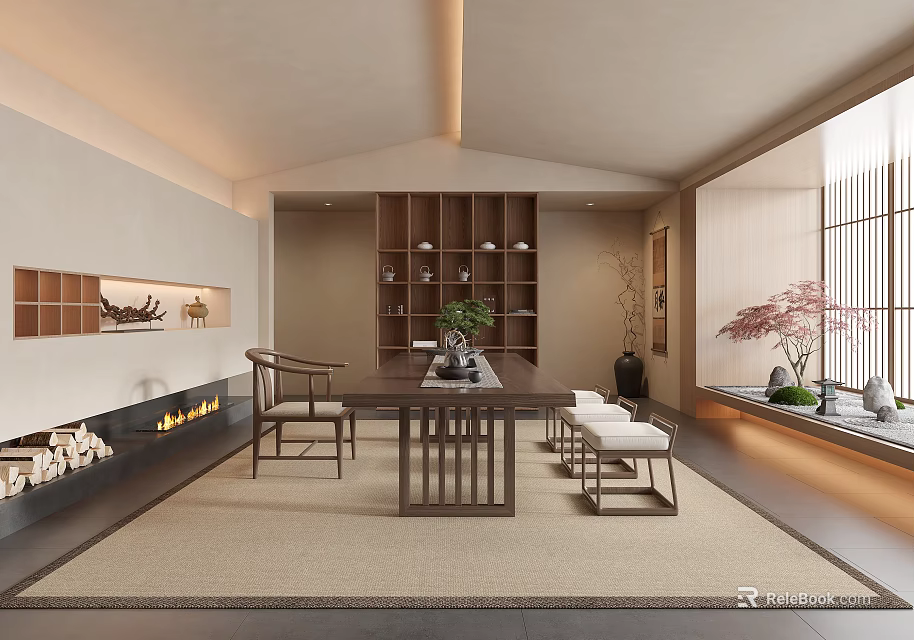 Traditional Japanese Tea Room With Wooden Furniture And Warm Lighting 3d model 