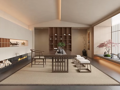 Traditional Japanese Tea Room With Wooden Furniture And Warm Lighting 3d model