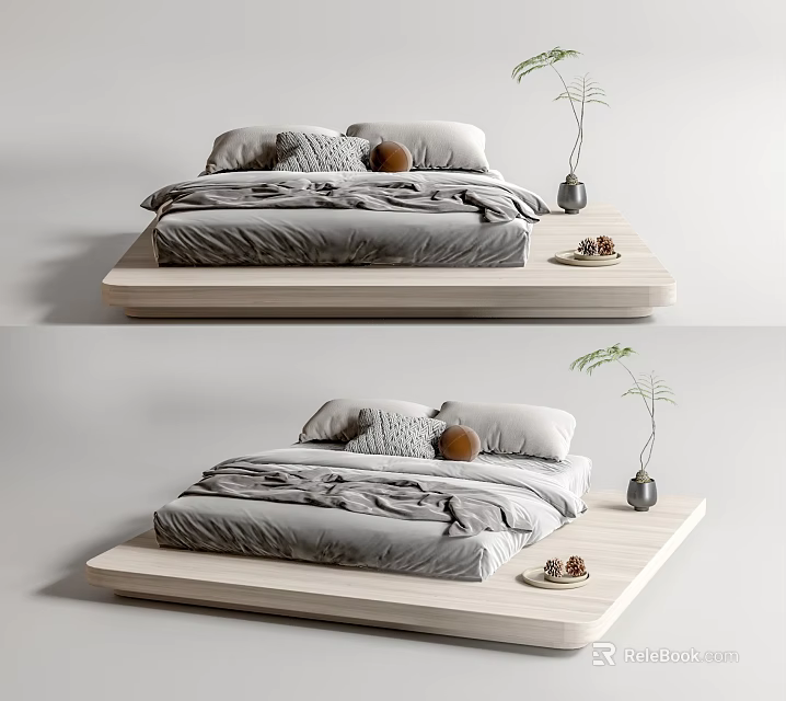 Modern Double Bed Platform Design With Gray Bedding Decorative Pillows And Plant 3d model