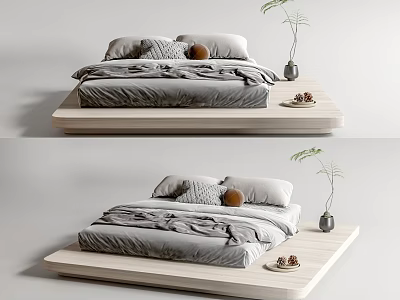 Modern Double Bed Platform Design With Gray Bedding Decorative Pillows And Plant 3d model