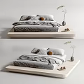 Modern Double Bed Platform Design With Gray Bedding Decorative Pillows And Plant 3d model