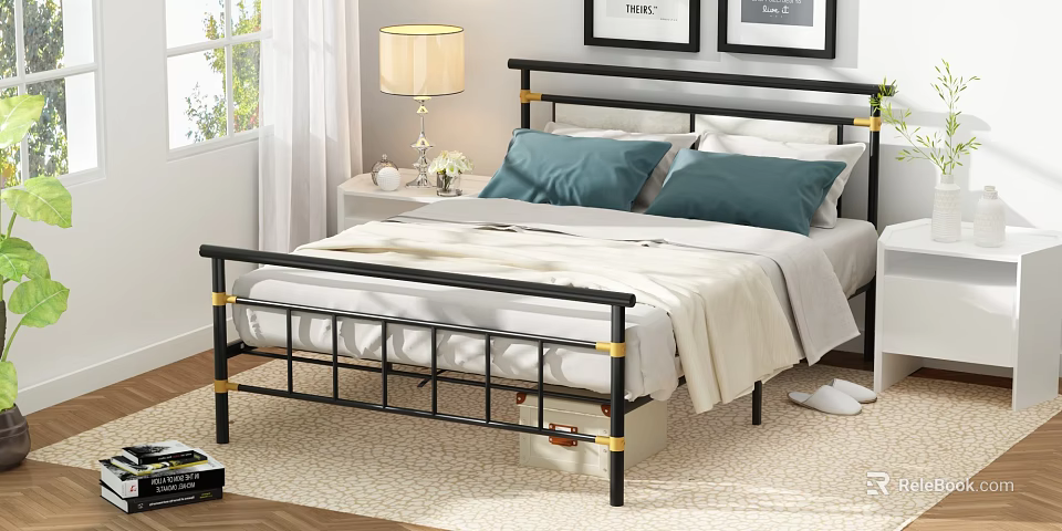 Black and Gold Bed Frame With Nightstand Lamp Blue Pillows White Curtains Wooden Floor 3d model 