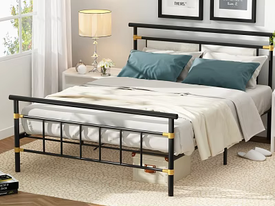 Black and Gold Bed Frame With Nightstand Lamp Blue Pillows White Curtains Wooden Floor 3d model
