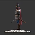 Medieval Warrior In Armor With Red Cape Holding Sword On Cracked Stone Base