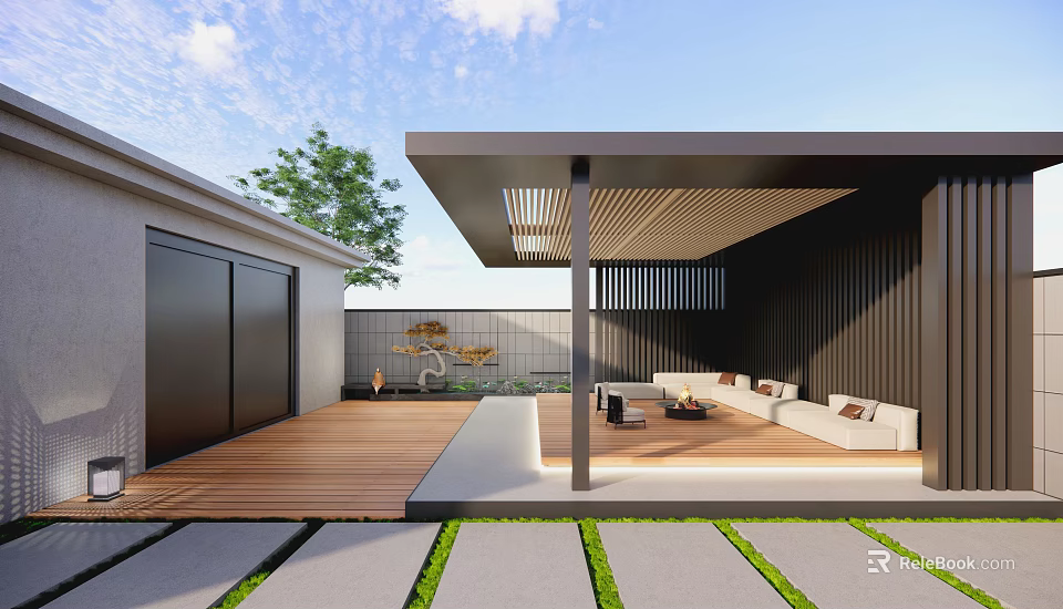 Modern Courtyard Garden Design With Wooden Deck Covered Pergola Sofa Seating And Stone Pathway 3d model 
