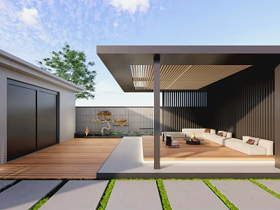 Modern Courtyard Garden Design With Wooden Deck Covered Pergola Sofa Seating And Stone Pathway 3d model