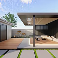 Modern Courtyard Garden Design With Wooden Deck Covered Pergola Sofa Seating And Stone Pathway