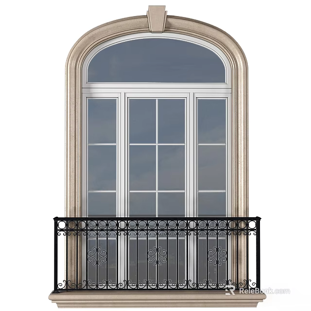 Arched Bay Window Interior Design With Decorative Metal Railing And Glass Panels 3d model 
