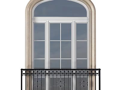 Arched Bay Window Interior Design With Decorative Metal Railing And Glass Panels 3d model