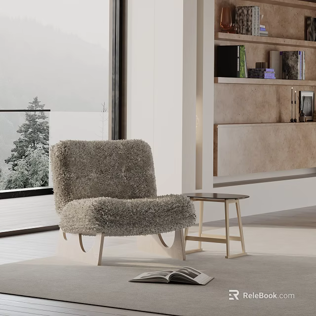 Fluffy Gray Lounge Chair In Modern Interior With Wooden Side Table And Scenic Window View 3d model 