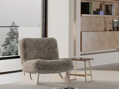 Fluffy Gray Lounge Chair In Modern Interior With Wooden Side Table And Scenic Window View 3d model