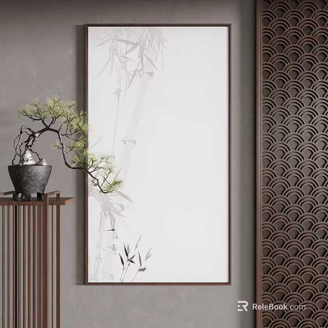 Chinese Style Decor With Bamboo Painting Potted Pine Tree And Wave Pattern Screen 3d model 