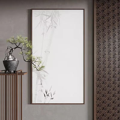 Chinese Style Decor With Bamboo Painting Potted Pine Tree And Wave Pattern Screen 3d model