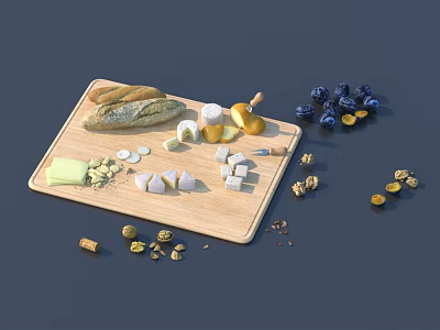 Assorted Food Items On Wooden Cutting Board Including Bread Cheese Blueberries And Nuts 3d model