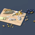 Assorted Food Items On Wooden Cutting Board Including Bread Cheese Blueberries And Nuts