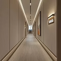 Hotel Corridor With Light Beige Walls Wooden Flooring Recessed Lighting And Room Signage