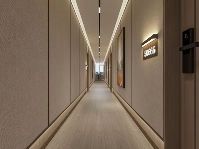 Hotel Corridor With Light Beige Walls Wooden Flooring Recessed Lighting And Room Signage 3d model