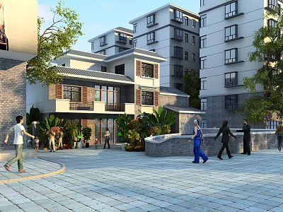 Multi Story Modern Residential Building With Green Landscaping And Pedestrian Courtyard Area 3d model
