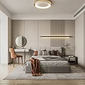 Modern Bedroom Interior With Gray Bedding Orange Chair Round Mirror And Wardrobe