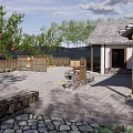 Traditional Chinese Courtyard With Gray Tile Roof Stone Patio And Wooden Fence