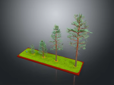 Different Sizes Pine Trees Growing On Green Grass With Red Border Base 3d model