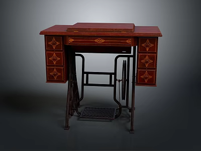 Vintage Sewing Machine Table With Red Wooden Top Decorative Drawers And Metal Pedal Frame 3d model
